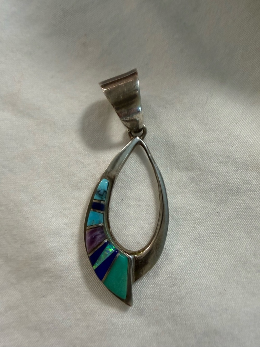 Sterling Silver Teardrop Pendant with Turquoise & Multicolor Inlay